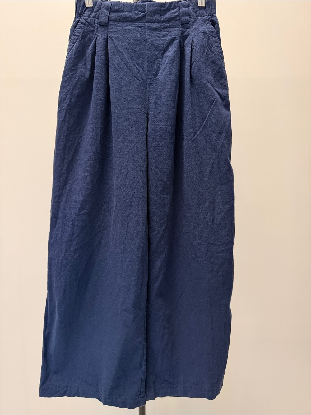 High-Waisted Wide-Leg Pleated Trousers Pants in Navy Blue 100% Cotton | Size S